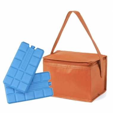 Kleine koeltas oranje voor 6 blikjes inclusief 2 koelelementen