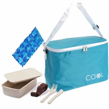 Kleine koeltas voor lunch blauw met lunchbox met bestek en flexibel koelelement