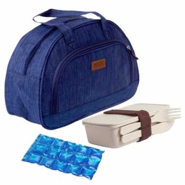 Kleine koeltas voor lunch blauw met lunchbox met bestek en flexibel koelelement 8 liter