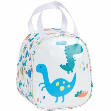 Kleine koeltas voor lunch wit met dinosaurus print 19 x 14 x 22 cm 5 liter