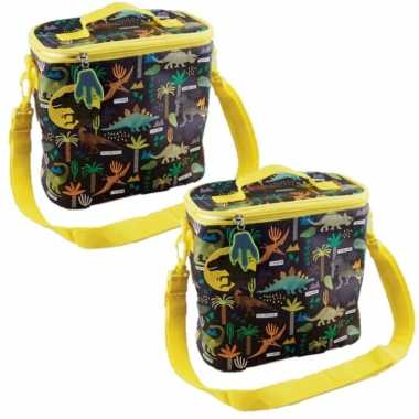 Set van 2x stuks kleine koeltassen voor lunch geel/zwart met dinosaurussen print 9 x 22 x 22 cm 4 l
