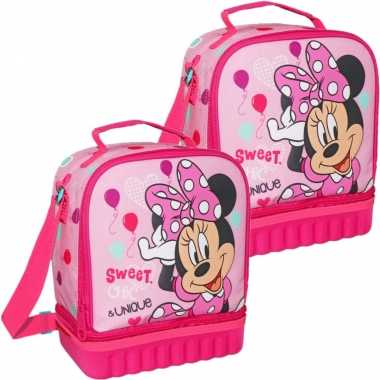 Set van 2x stuks kleine koeltassen voor lunch roze met minnie mouse print 24 x 12 x 20 cm 5 liter