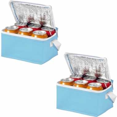 Set van 4x stuks mini koeltassen lichtblauw/wit 20 cm voor 6/sixpack blikjes 3,5 liter