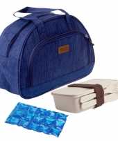 Kleine koeltas voor lunch blauw met lunchbox met bestek en flexibel koelelement 8 liter