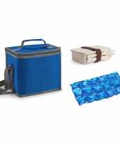 Kleine koeltas voor lunch blauw met lunchbox met bestek en flexibel koelelement 9 liter