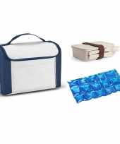 Kleine koeltas voor lunch blauw wit met lunchbox met bestek en flexibel koelelement 8 liter