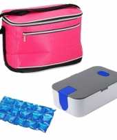 Kleine koeltas voor lunch fuchsia roze met lunchtrommel en flexibel koelelement 8 liter