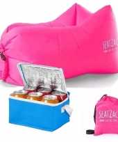 Lazy zitzak lucht stoel in het roze inclusief mini koeltas