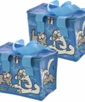 Set van 2x stuks kleine koeltassen voor lunch blauw met katten print 16 x 21 x 14 cm 4 7 liter